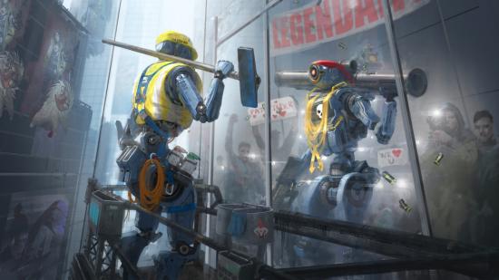 Apex Legends' Pathfinder looks at his reflection, imagining success in the Apex Games