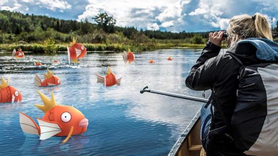 A woman fishing for Magikarp in the real world