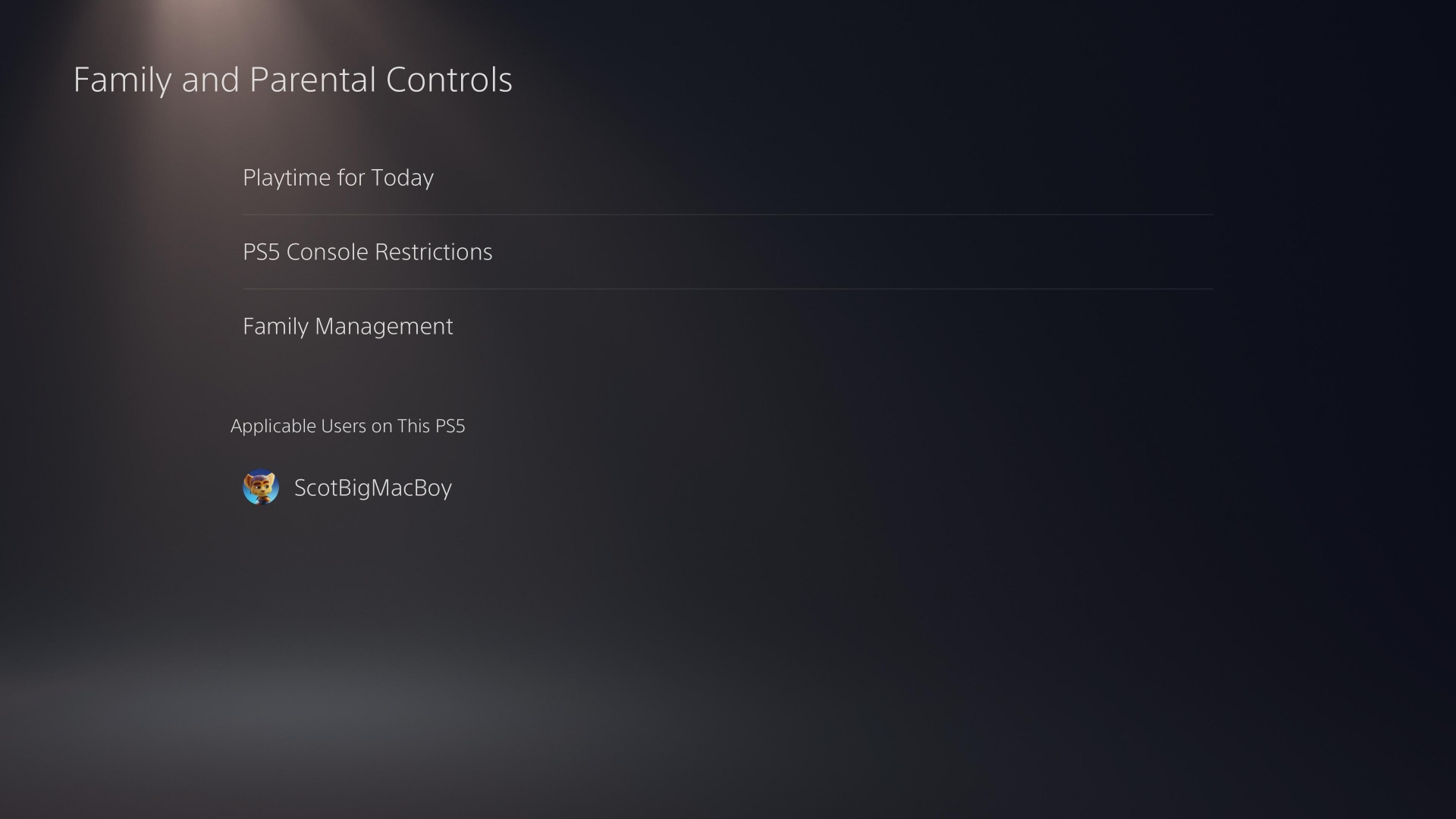 PS5 parental controls: The 'family and parental controls' options in the settings screen.