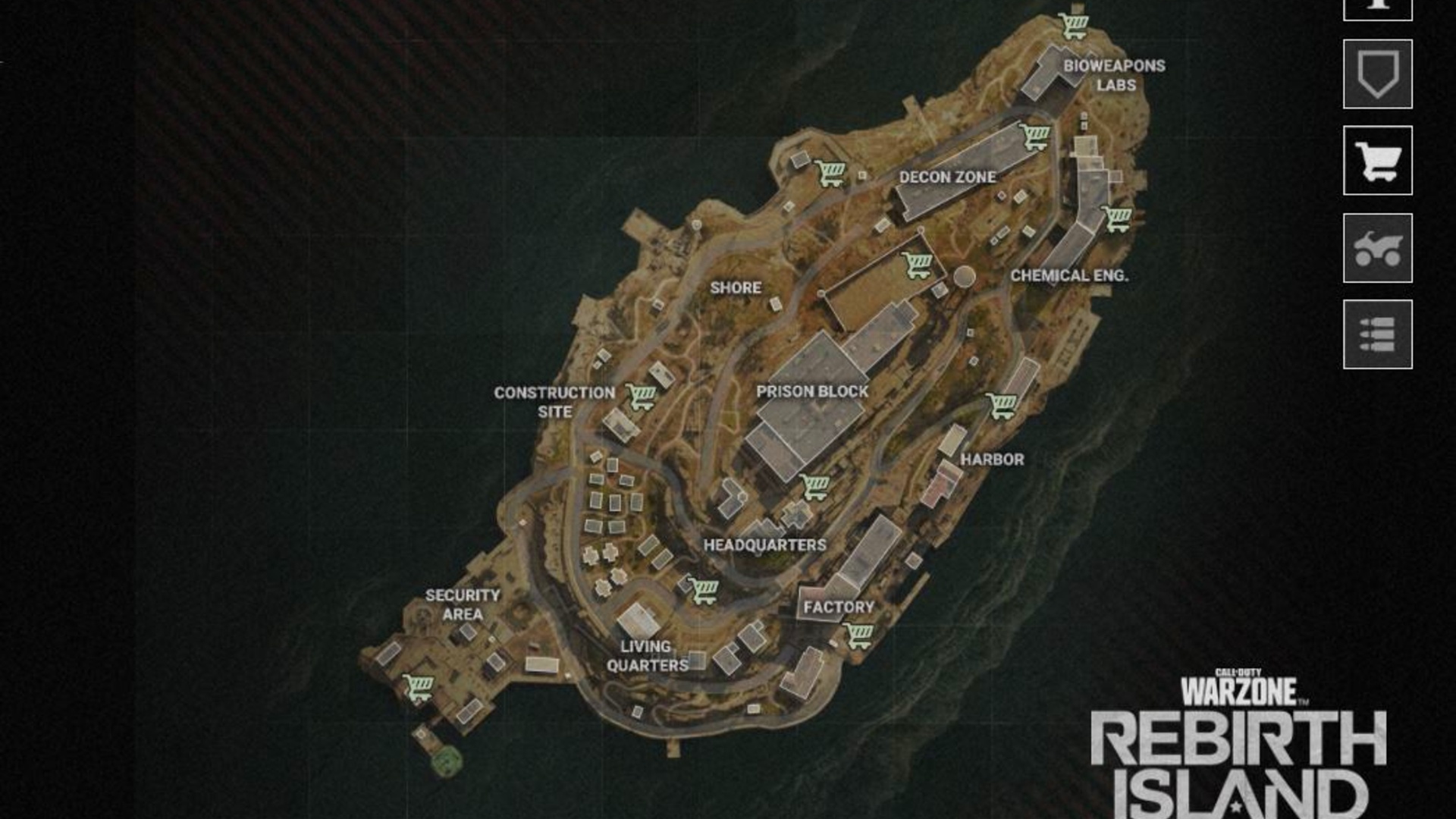 Warzone Rebirth Island: An overview of all the buy stations, shown on the map of Rebirth Island.