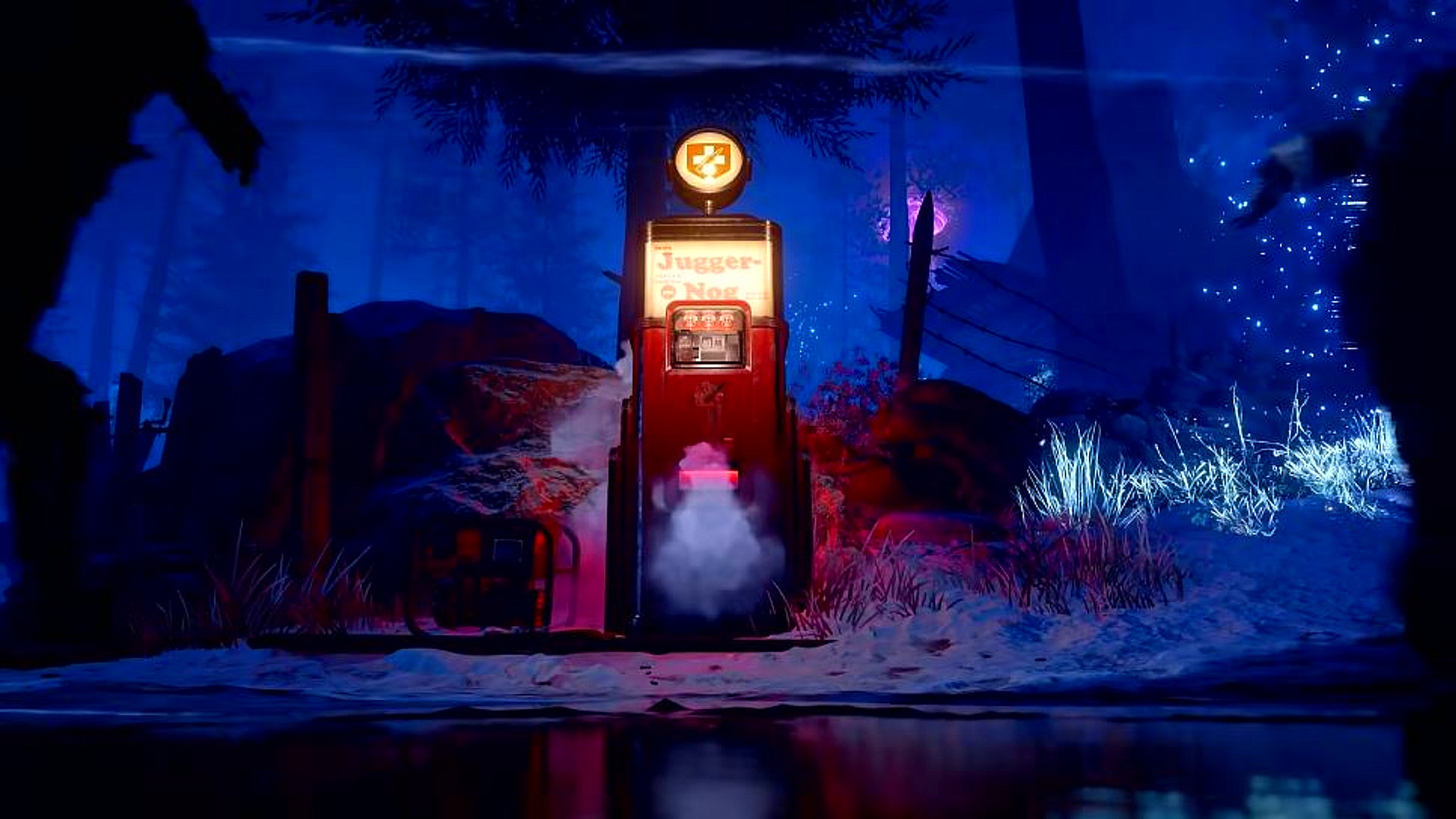 Call of Duty Black Ops Cold War Zombies Aetherium Crystals: The Juggernog perk vending machine next to a rock with a broken bared wire fence nearby.