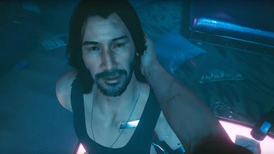 Keanu Reeves' Johnny Silverhand character modded onto the body of a 'JoyToy' sex worker in Cyberpunk 2077