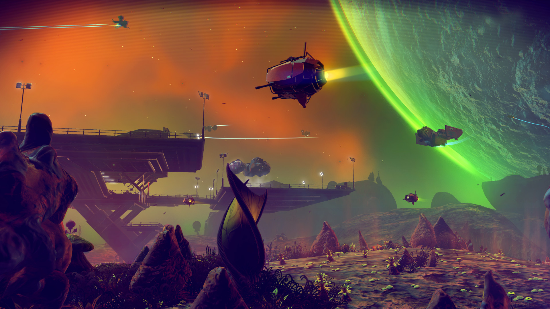 Best Xbox Game Pass games: An alien planet's surface in No Man's Sky, with drones flying past.