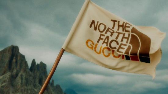 A flag bearing the North Face and Gucci logos