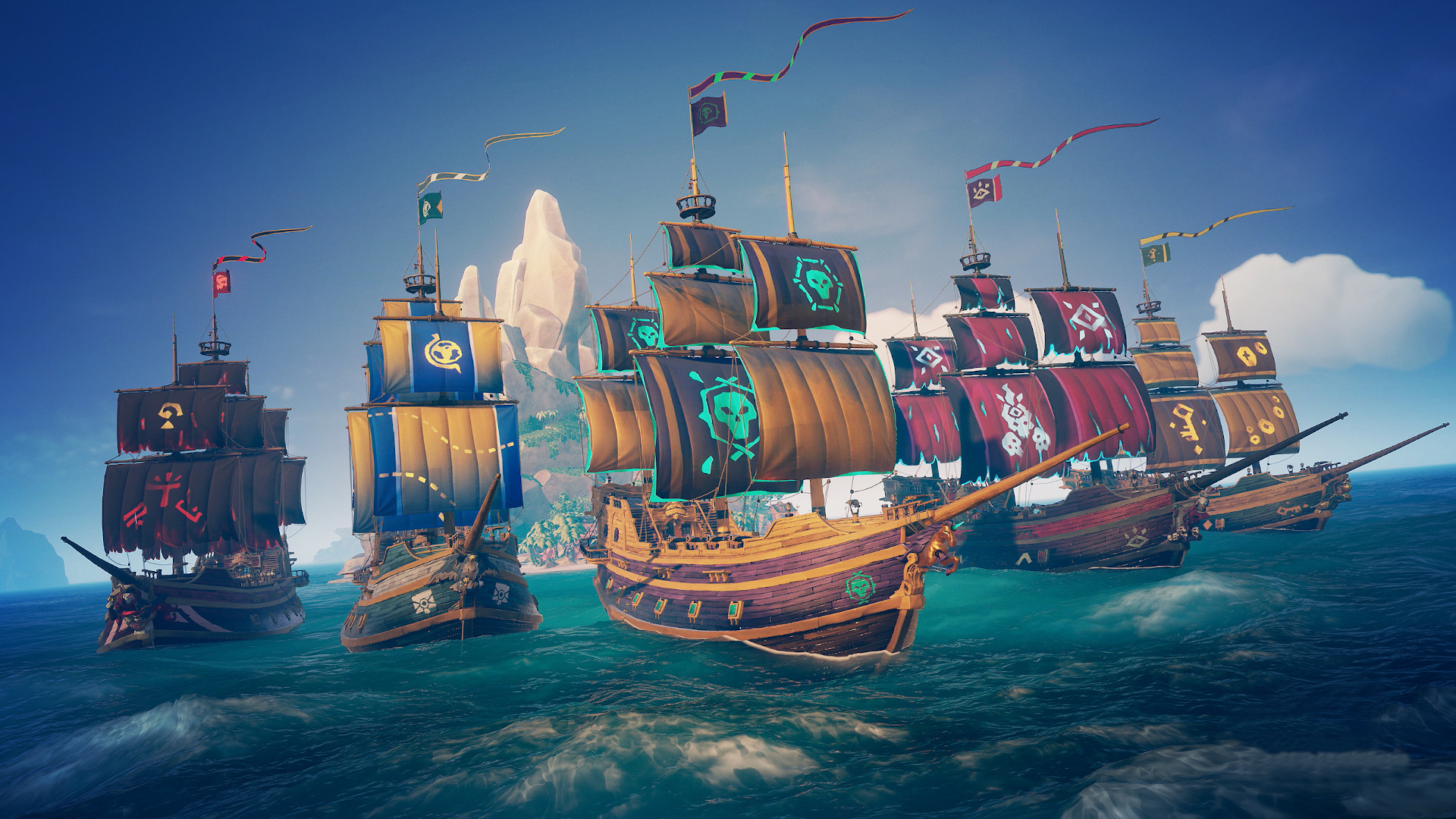 Best Game Pass games: Various ships in Sea of Thieves.