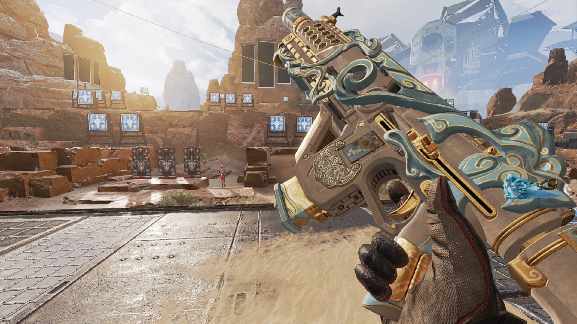 Apex Legends Arenas: An ivory Volt SMG, with pale blue highlights, is inspected. The background is a desert littered with shooting targets.