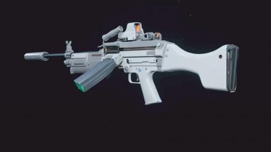 A white and grey variant of the Bruen light machine gun in Warzone
