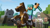 A Minecraft character on a horse brandishing a helmet