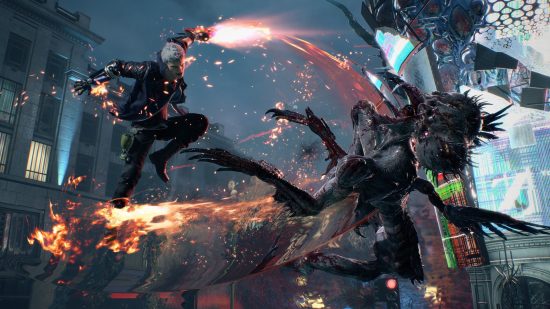 Best Xbox One games: The main character of Devil May Cry 5 attacking a monster at night.