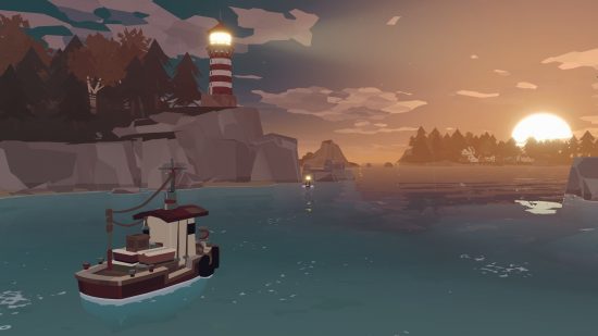 Best Xbox One games: A boat sailing towards the sunset in Dredge.