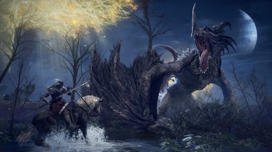 Best Xbox One games: A character on a horse next to a dragon at night in Elden Ring.