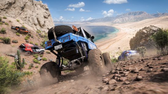 Best Xbox One games: Cars racing down a desert hillside in Forza Horizon 5.