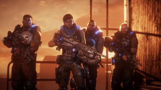 Best Xbox One games: An ensemble of characters walking towards the camera in Gears 5.