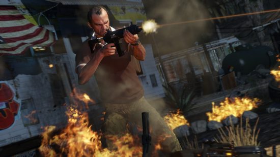 Best Xbox One games: Trevor from GTA 5 aiming a weapon while surrounded by fire.