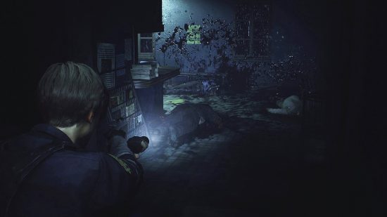 Best Xbox One games: Leon looking down a dark hallway with his torch in Resident Evil 2.
