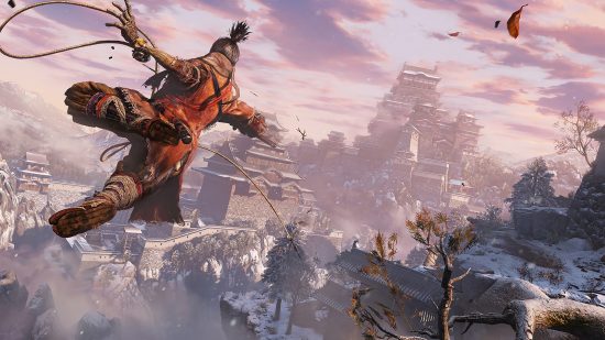 Best Xbox One games: The main character of Sekiro leaping through the air, overlooking a village in the snow.