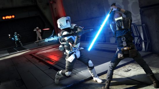 Best Xbox One games: Cal blocking a storm trooper's attack with his lightsaber in Star Wars Jedi: Fallen Order.
