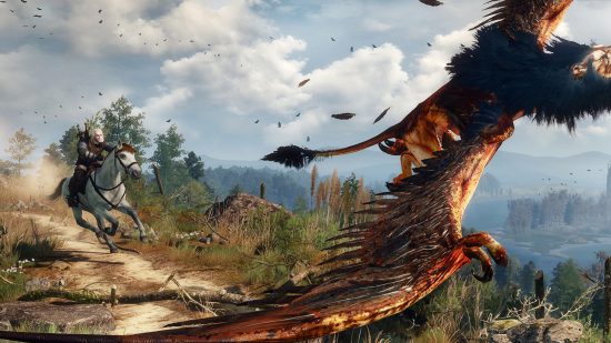Best Xbox One games: Geralt chasing a griffin on horseback in The Witcher 3.
