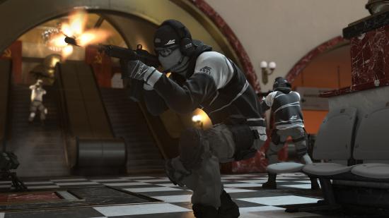 A character in Black Ops Cold War, wearing a grey combat outfit and balaclava, fires their weapon