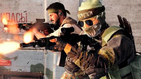 Two operators, one wearing a bandana, the other wearing a hood, bandana, face mask, and sunglasses, firing assault rifles