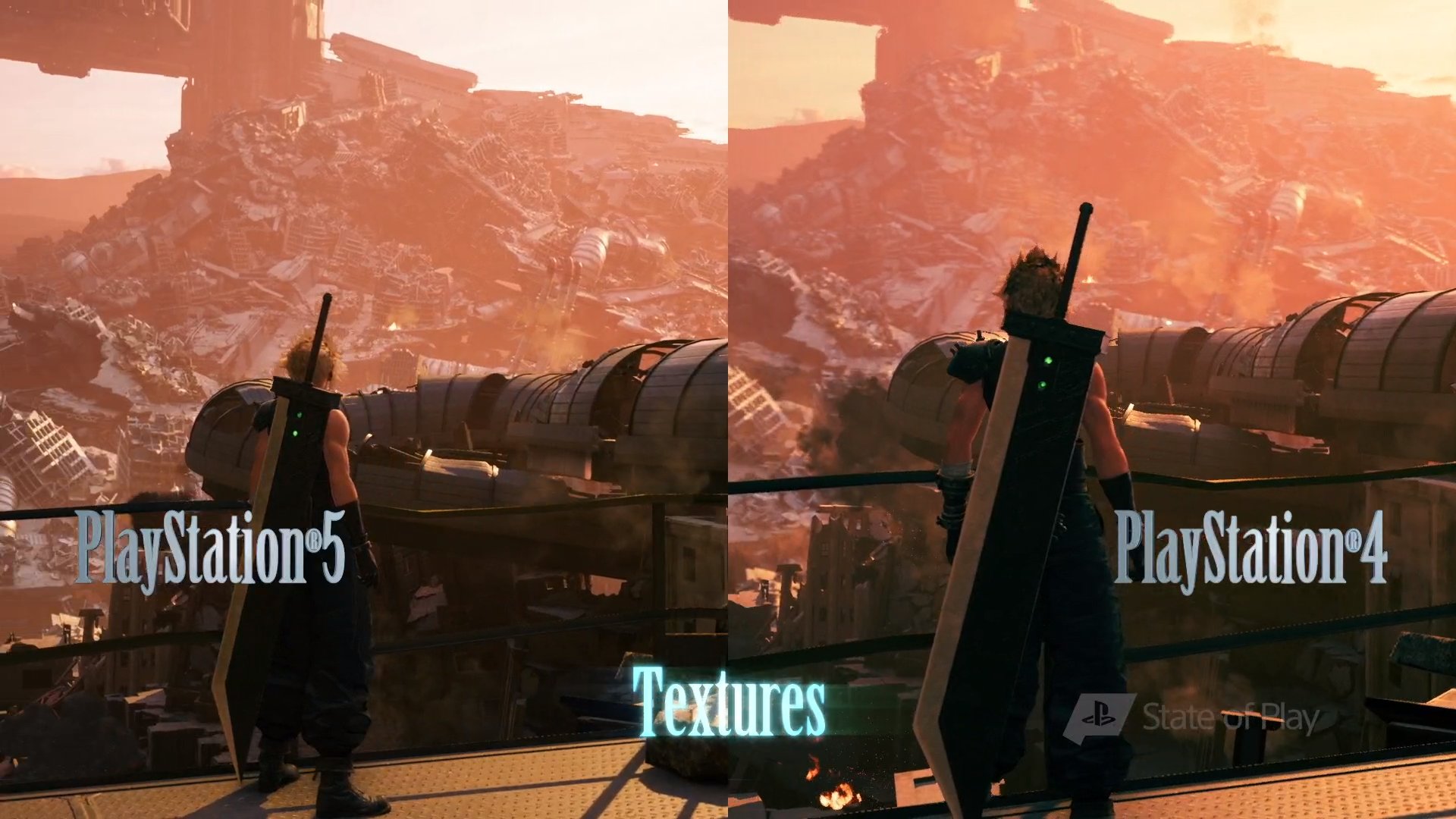 Final Fantasy 7 Remake Intergrade PS5: Two images of Cloud Strife are next to each other, labelled PS5 and PS4. He looks out over a landfill site, the PS5 image is higher quality.