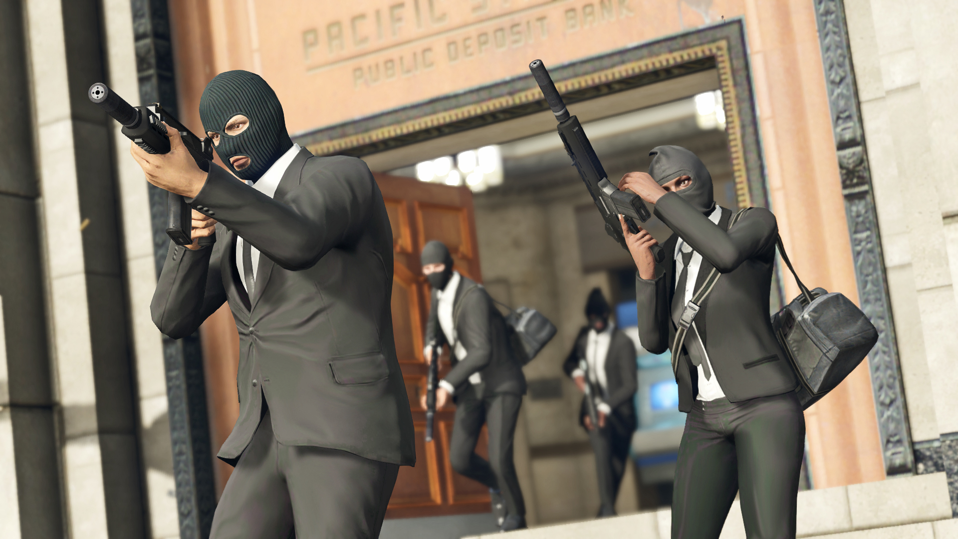 GTA 5 stock market: GTA Online players with balaclavas storm out of a bank.