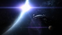 The Normandy spaceship flies past a planet as the lens flares