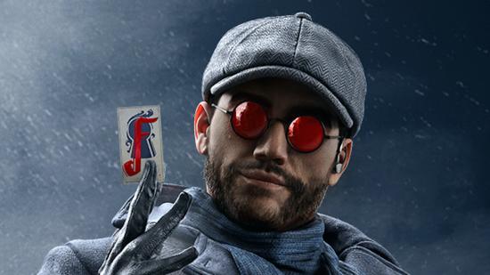 Rainbow Six Siege Operation Crimson Heist: Flores wearing a baseball cap and orange tinted glasses holds a card up in his hand.