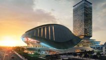 An artist's animation of a 7,000 seater esports arena in Toronto, with a shell-shaped roof and modern design