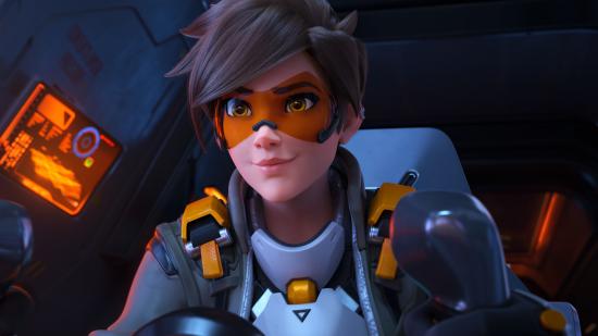 Tracer stares at the camera in an Overwatch 2 cinematic