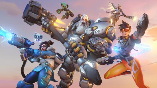 Some of Overwatch 2's roster: Tracer, Mercy, Reinhardt, Mei, and Lucio