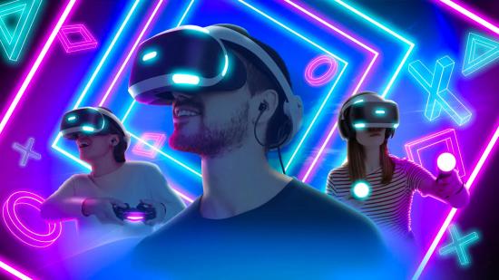 Three people wear PSVR headsets and smile in wonder in front of a neon background