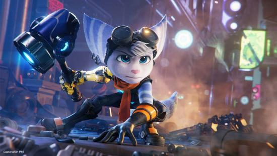 A silver-grey 'Lombax' from Ratchet & Clank: Rift Apart, holding a big hammer with blue lights. She has googles on her head and orange and black gloves on