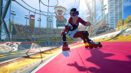 A player skating on rollerblades in Roller Champions