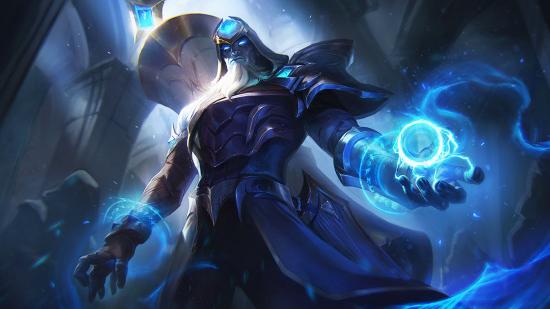 Ryze, a blue mage with a giant white and gold scroll on his back