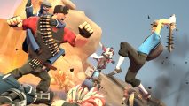 Team Fortress 2 characters fighting one another in a big battle
