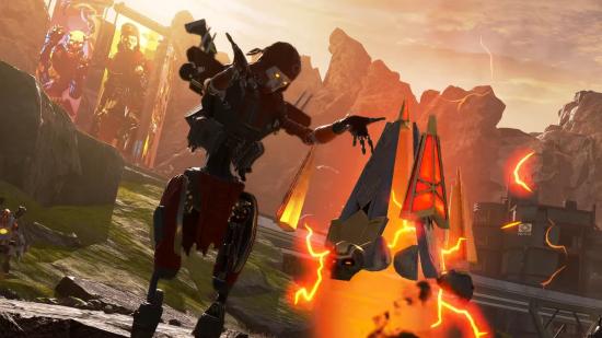 Apex Legends' robot assassin Revenant uses his glowing red Death Totem in a desert landscape