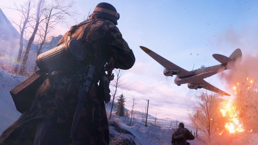 A plane crashes to the ground above a soldier in Battlefield 5