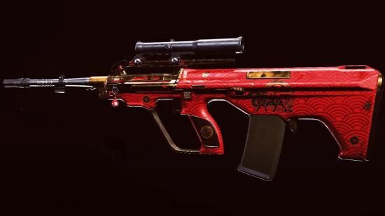 Side profile of an AUG tactical rifle in Warzone, with a red and gold camo