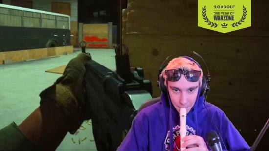 Twitch streamer Deno wearing a purple hoodie and playing a recorder flute. Warzone gameplay is in the background