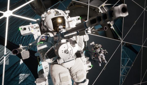 An astronaut carries a huge gun in space