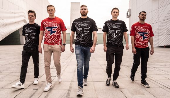 The FaZe Clan PUBG PGI.S team wearing a limited edition red and black jersey