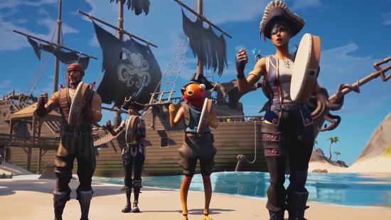 A group of pirate-clad Fornite characters with a broken ship in the background