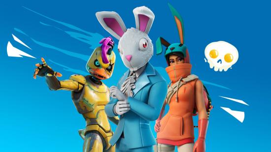 A rabbit in a blue suit, a yellow robotic duck, and a bunny-eared person in an orange hoodie