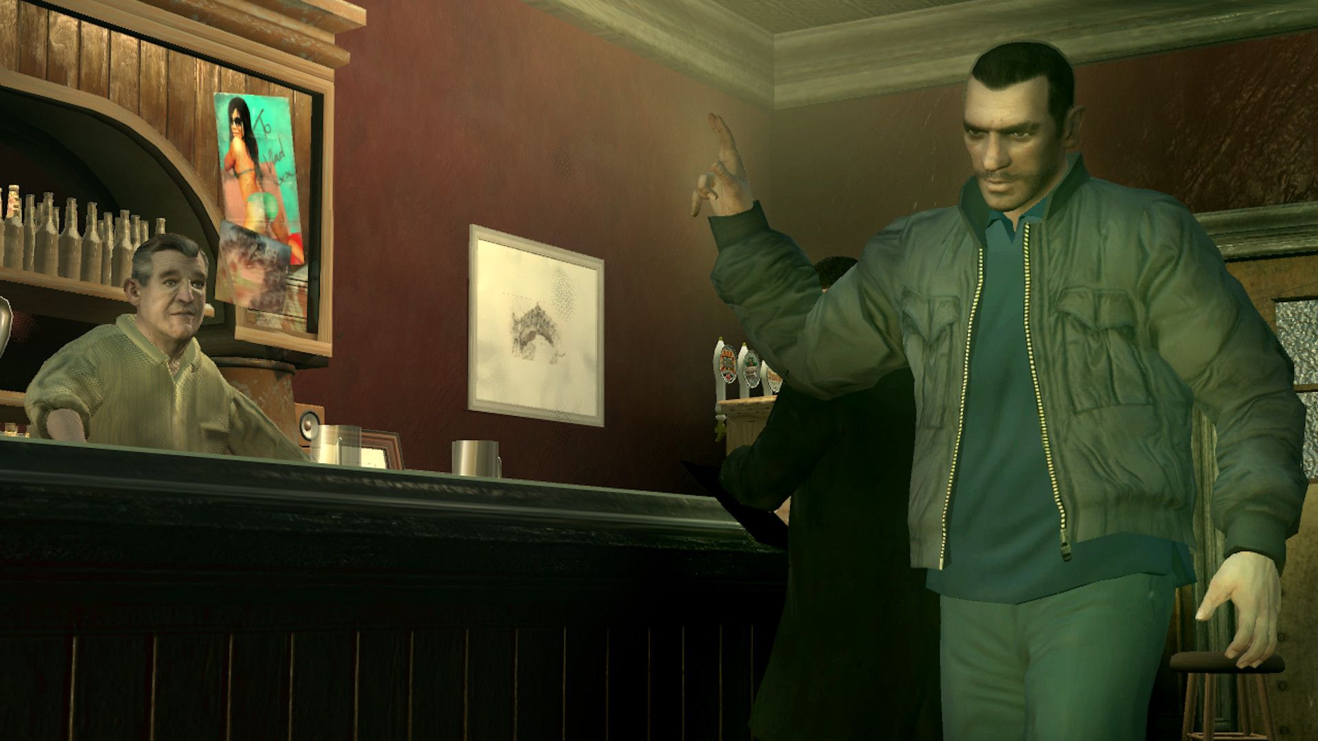GTA 4 cheat codes: Niko Bellic waving at a barman on the way out.