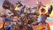 Overwatch's Torbjorn, Mei, and Tracer rush forward, weapons drawn