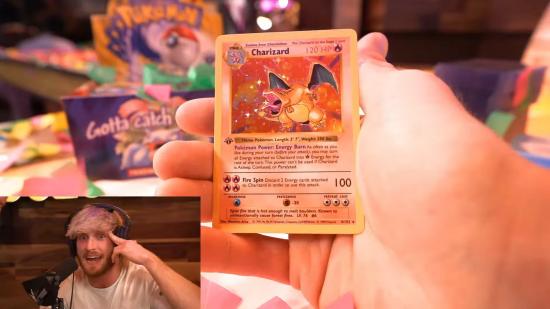 Logan Paul reacts after pulling a First Edition Charizard
