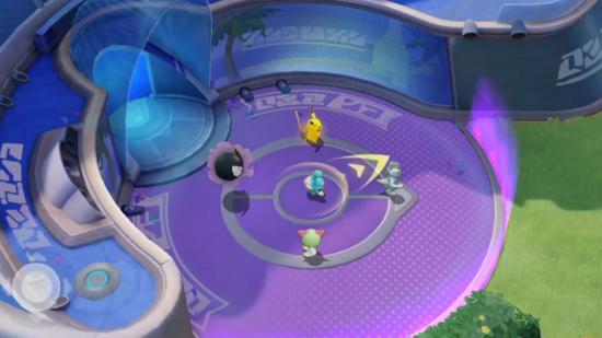 Five Pokémon stand in a large purple circle, ready to take to the field of battle