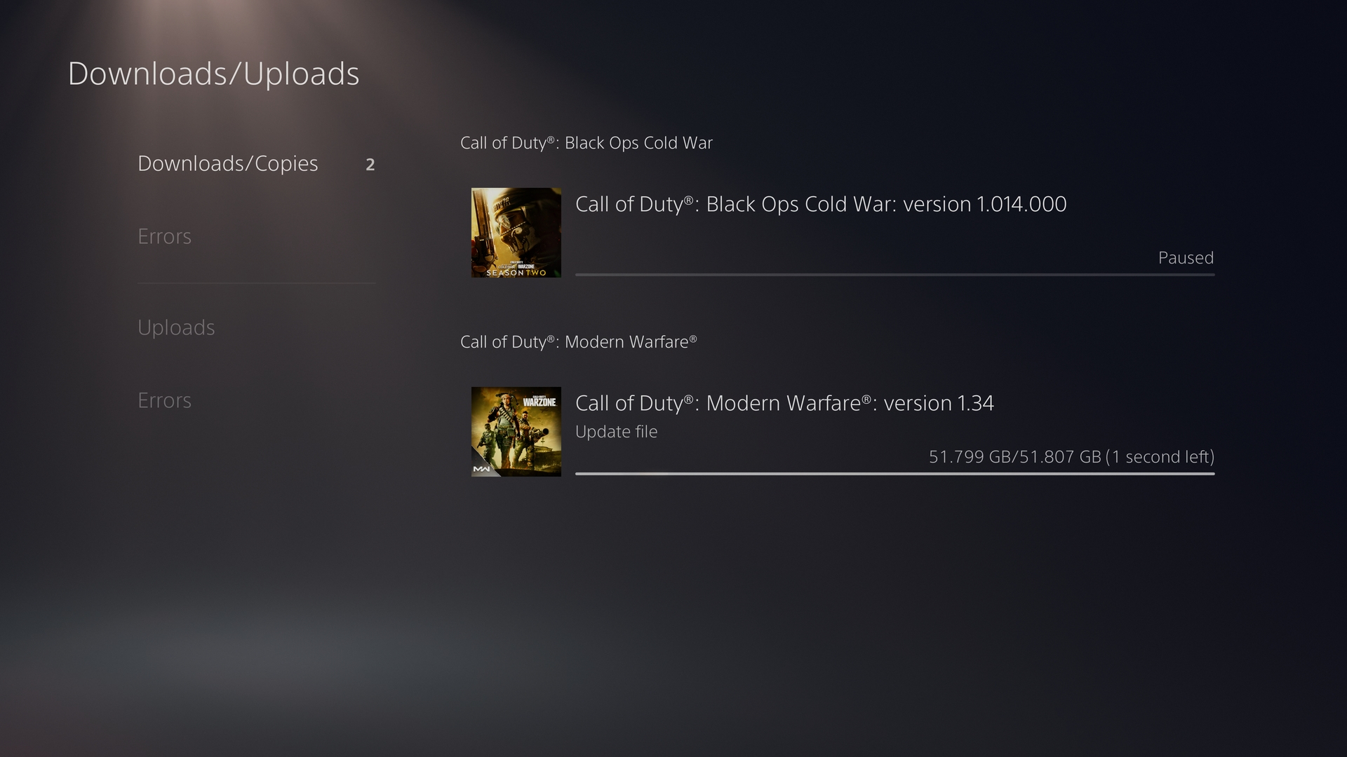 PS5 download speed: Call of Duty Black Ops Cold War and Modern Warfare in the downloads menu.