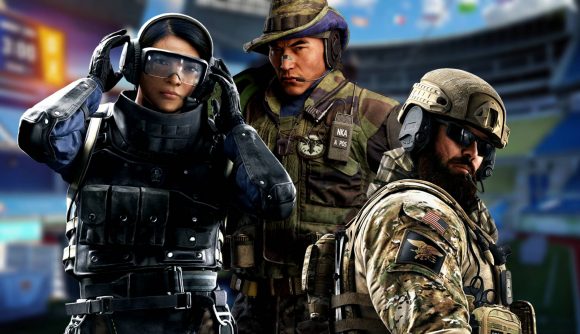 Rainbow Six Siege ranks: A group of three Siege operators set against a blurred backdrop of a map
